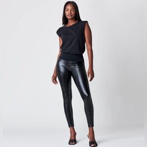 Assets by Spanx All Over Faux Leather Black Leggings Shapewear Stretch Sz Small